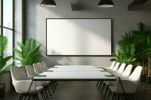 modern Konferenz Zimmer mit ein leer Fernseher Bildschirm, perfekt zum Geschäft Präsentationen ai generiert foto