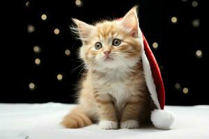 Santa gekleidet Ingwer Kätzchen posiert auf Weiß Hintergrund, ausstrahlen Urlaub Freude ai generiert foto