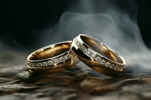 zwei exquisit Hochzeit Ringe einstellen gegen ein wolkig Weiß und rauchig Hintergrund ai generiert foto