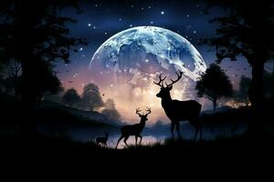 ein still Nacht Szene ein Hirsche Silhouette gerahmt durch ein majestätisch Mond ai generiert foto
