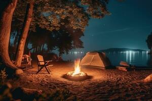 Campingplatz im das Strand im das Morgen Aussicht Werbung Landschaft Fotografie ai generiert foto