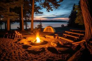 Campingplatz im das Strand im das Morgen Aussicht Werbung Landschaft Fotografie ai generiert foto