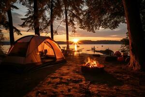 Campingplatz im das Strand im das Morgen Aussicht Werbung Landschaft Fotografie ai generiert foto