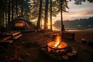 Campingplatz im das Strand im das Morgen Aussicht Werbung Landschaft Fotografie ai generiert foto