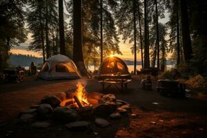 Campingplatz im das Strand im das Morgen Aussicht Werbung Landschaft Fotografie ai generiert foto