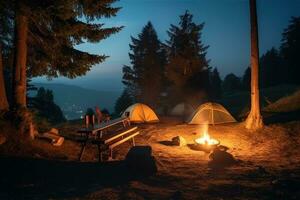 Campingplatz im das Strand im das Morgen Aussicht Werbung Landschaft Fotografie ai generiert foto