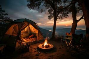 Campingplatz im das Strand im das Morgen Aussicht Werbung Landschaft Fotografie ai generiert foto