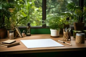 schließen oben von ein minimalistisch Büro Schreibtisch mit Buch und liefert ai generiert foto