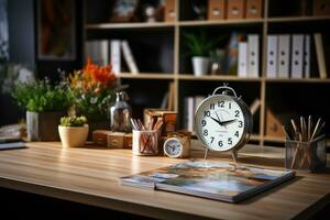 schließen oben von ein modern Büro Schreibtisch mit Buch und liefert ai generiert foto