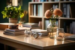 schließen oben von ein skandinavisch Büro Schreibtisch mit Buch und liefert ai generiert foto