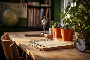 schließen oben von ein skandinavisch Büro Schreibtisch mit Buch und liefert ai generiert foto