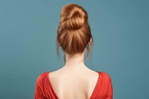Modell- von Frauen lange Haar Brötchen aussehen von zurück ai generiert foto