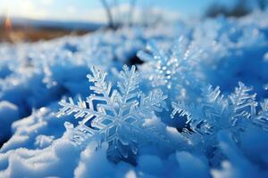 Schneeflocken auf Schneeverwehungen Makro Werbung Fotografie foto