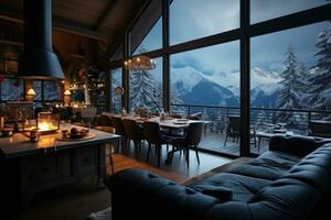 Aussicht von Schnee Berge im Winter von Innerhalb das Kabine Werbung Fotografie foto