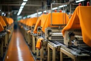 Foto von Innerhalb Textil- Fabrik Linie Produktion Aussicht ai generativ