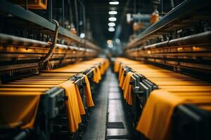 Foto von Innerhalb Textil- Fabrik Linie Produktion Aussicht ai generativ