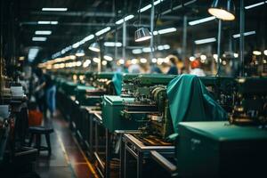 Foto von Innerhalb Textil- Fabrik Linie Produktion Aussicht ai generativ
