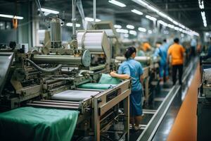 Foto von Innerhalb Textil- Fabrik Linie Produktion Aussicht ai generativ