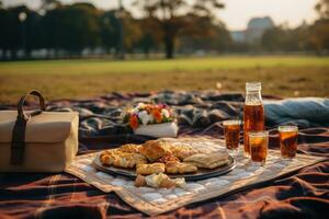 Picknick auf das Park Boden mit Teppich ai generativ foto