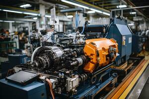 Foto von Innerhalb mechanisch Fabrik Linie Produktion Aussicht ai generiert