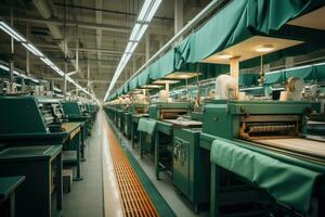 Foto von Innerhalb Textil- Fabrik Linie Produktion Aussicht ai generiert