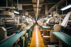 Foto von Innerhalb Textil- Fabrik Linie Produktion Aussicht ai generiert