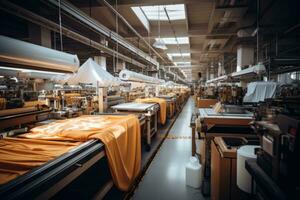 Foto von Innerhalb Textil- Fabrik Linie Produktion Aussicht ai generiert