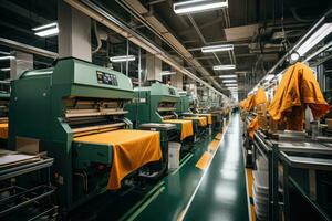 Foto von Innerhalb Textil- Fabrik Linie Produktion Aussicht ai generiert