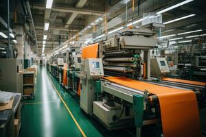 Foto von Innerhalb Textil- Fabrik Linie Produktion Aussicht ai generiert