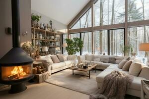 modern Kamin Haus im skandinavisch Stil Fachmann Werbung Fotografie ai generiert foto