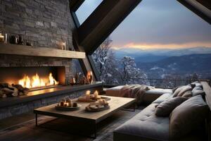modern Kamin im Haus mit Winter Aussicht Fachmann Werbung Fotografie ai generiert foto