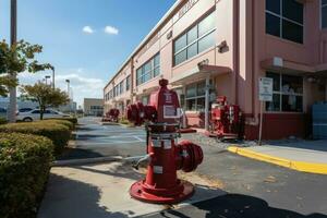 Ecke von das Gebäude wo das Schlauch Spule Hydrant ist gelegen Fachmann Werbung Fotografie ai generiert foto