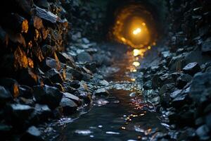 dunkel Bergwerk Tunnel wo Kristalle erscheinen auf das Oberfläche Fachmann Werbung Fotografie ai generiert foto