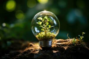 Licht Glühbirnen und Pflanze Saat symbolisieren ein Grün Energie Ökosystem Fachmann Werbung Fotografie ai generiert foto