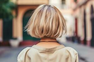 Frauen Bob Frisur aussehen von zurück Fachmann Werbung Fotografie ai generiert foto