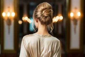 Frauen chignon Frisur aussehen von zurück Fachmann Werbung Fotografie ai generiert foto