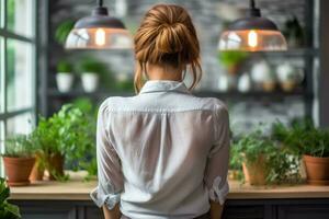 Frauen chignon Frisur aussehen von zurück Fachmann Werbung Fotografie ai generiert foto