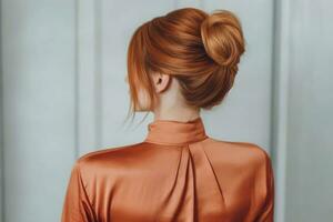 Frauen chignon Frisur aussehen von zurück Fachmann Werbung Fotografie ai generiert foto