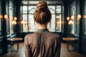 Frauen chignon Frisur aussehen von zurück Fachmann Werbung Fotografie ai generiert foto