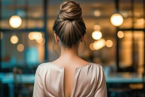 Frauen chignon Frisur aussehen von zurück Fachmann Werbung Fotografie ai generiert foto