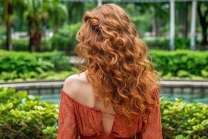 Frauen lockig Frisur aussehen von zurück Fachmann Werbung Fotografie ai generiert foto