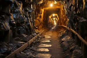 Bergwerk Tunnel wo Kristalle erscheinen auf das Oberfläche Fachmann Werbung Fotografie ai generiert foto