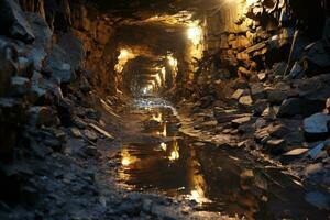 Bergwerk Tunnel wo Kristalle erscheinen auf das Oberfläche Fachmann Werbung Fotografie ai generiert foto