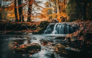 Landschaft Foto von Wasserfall im das Wald während Herbst Jahreszeit. ai generativ