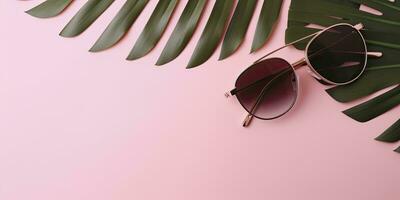 tropisch Palme Blätter mit Sonnenbrille auf Rosa Hintergrund. leeren Raum eben legen. kreativ minimal Sommer- Konzept. generativ ai foto