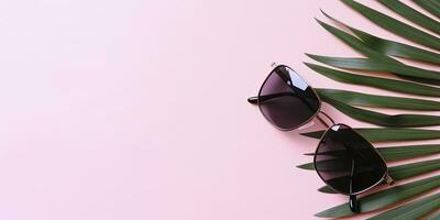 tropisch Palme Blätter mit Sonnenbrille auf Rosa Hintergrund. leeren Raum eben legen. kreativ minimal Sommer- Konzept. generativ ai foto