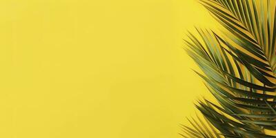 tropisch Palme Blätter auf Gelb Hintergrund. leeren Raum eben legen. kreativ minimal Sommer- Konzept. generativ ai foto