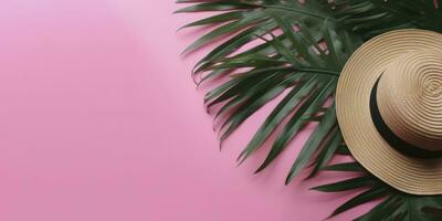 tropisch Palme Blätter mit Stroh Hut auf Rosa Hintergrund. leeren Raum eben legen. kreativ minimal Sommer- Konzept. generativ ai foto