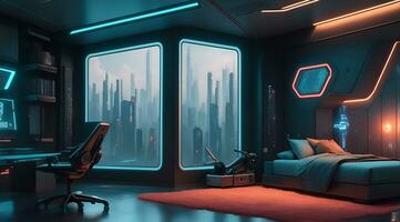 futuristisch hoch Technik Luxus Cyberpunk sci fi Leben Zimmer modern Innere Schlafzimmer, ai generativ foto