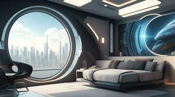 futuristisch hoch Technik Luxus Cyberpunk sci fi Leben Zimmer modern Innere Schlafzimmer, ai generativ foto